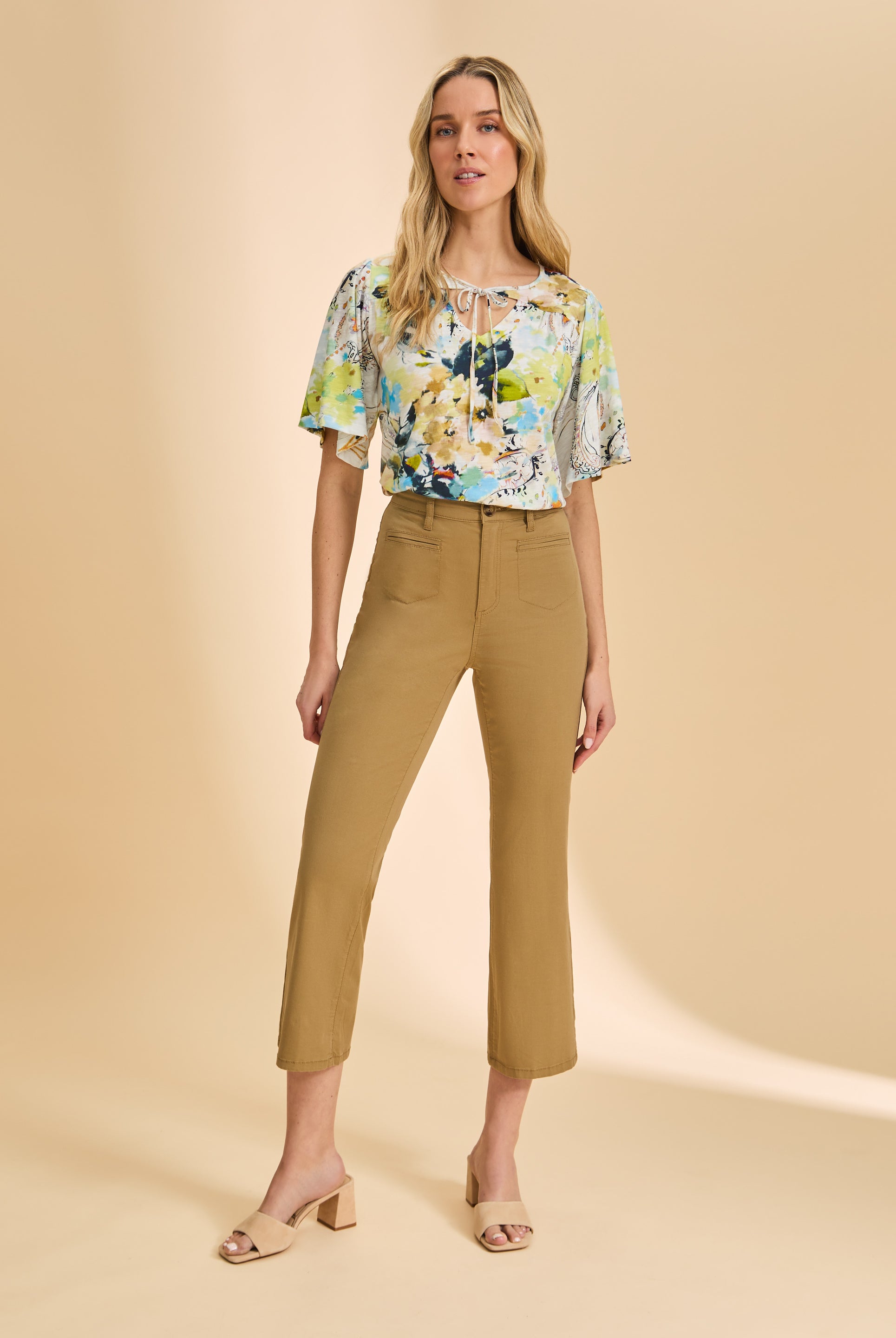 Full outfit with Pacific paisley V-neck top and neutral pants showing casual style by French Dressing Jeans (FDJ)