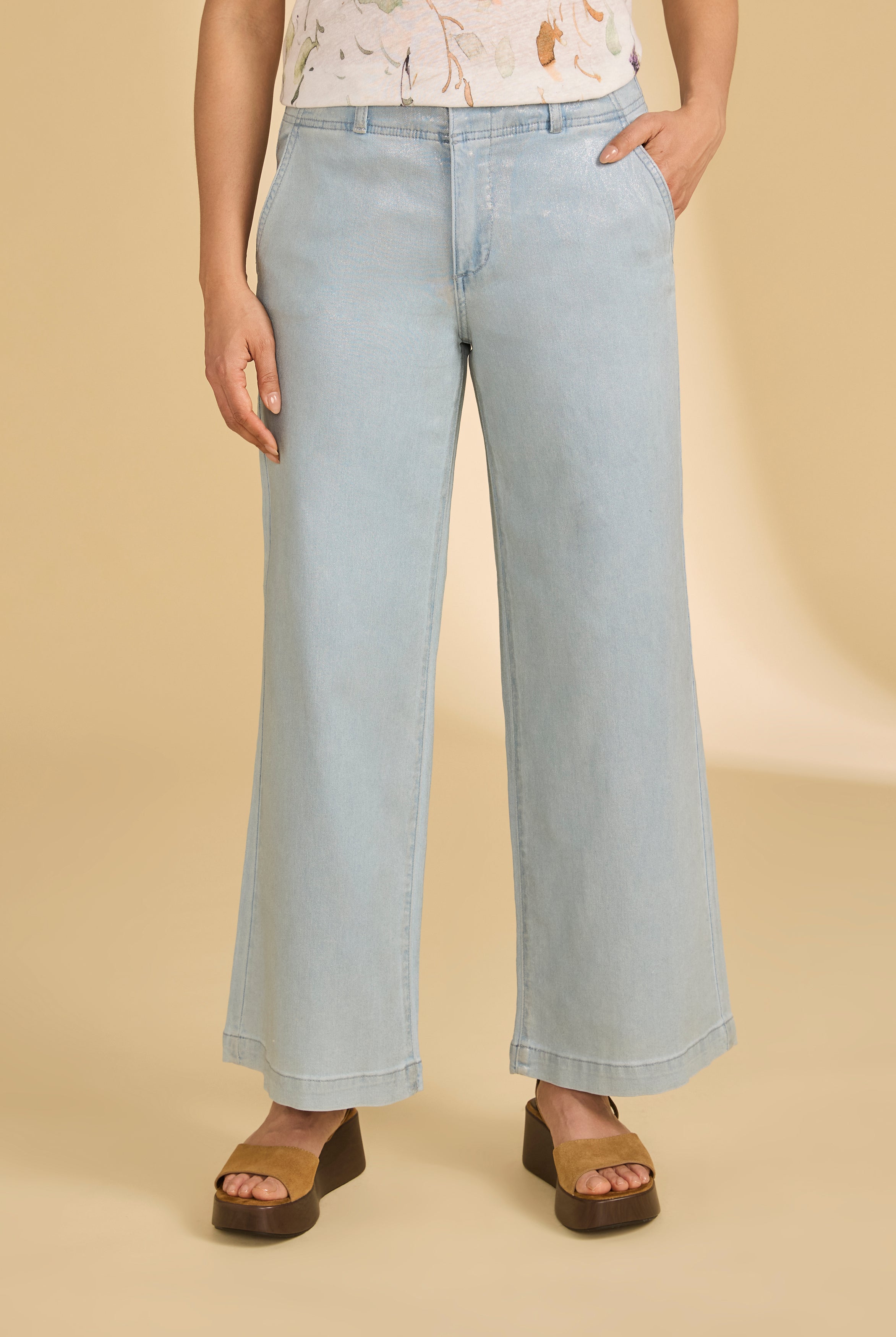 Front view of lime Christina coated trousers with slash pockets by French Dressing Jeans (FDJ)