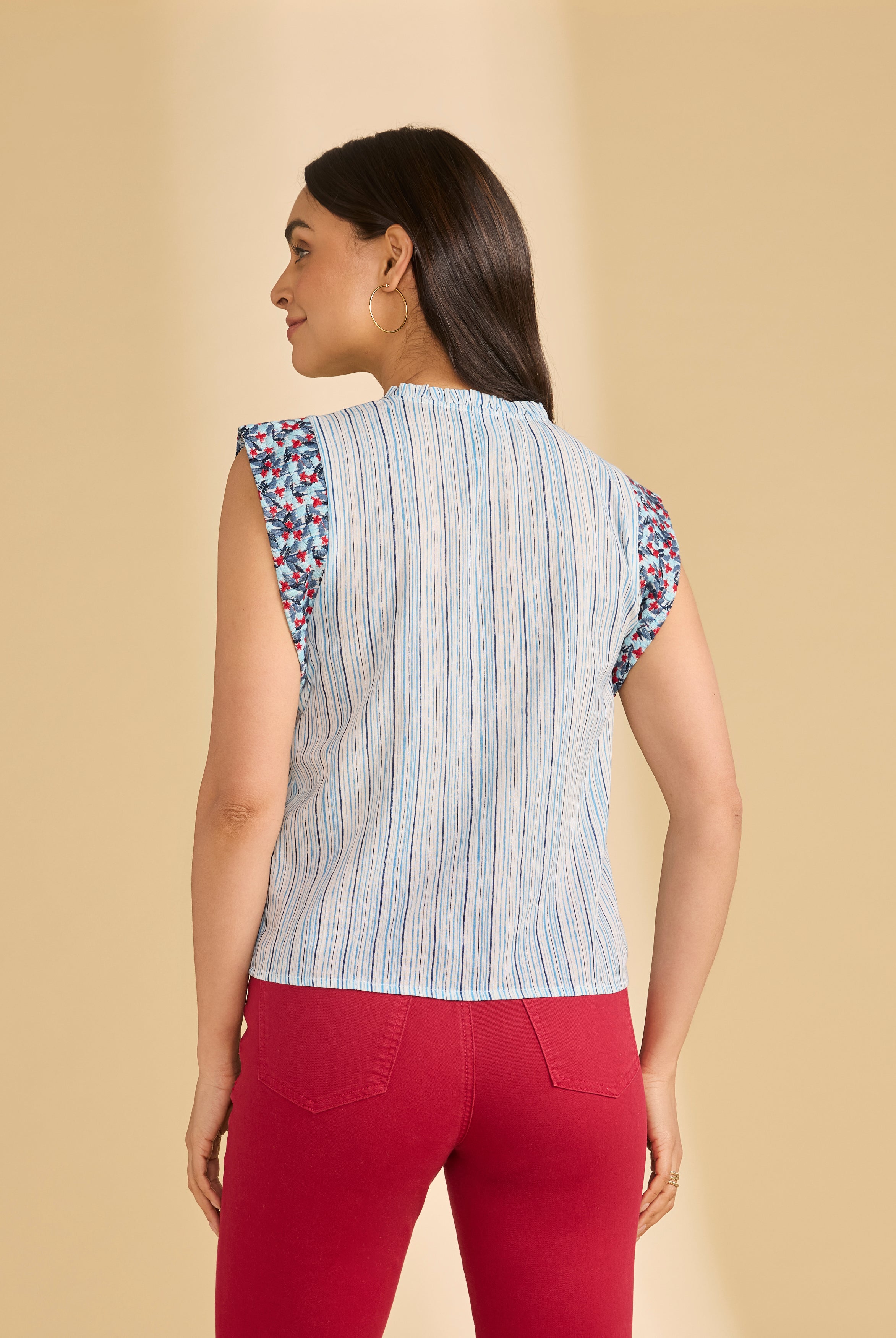Back view of embroidered flutter sleeve top in Spritz Stripes highlighting striped pattern by French Dressing Jeans (FDJ)
