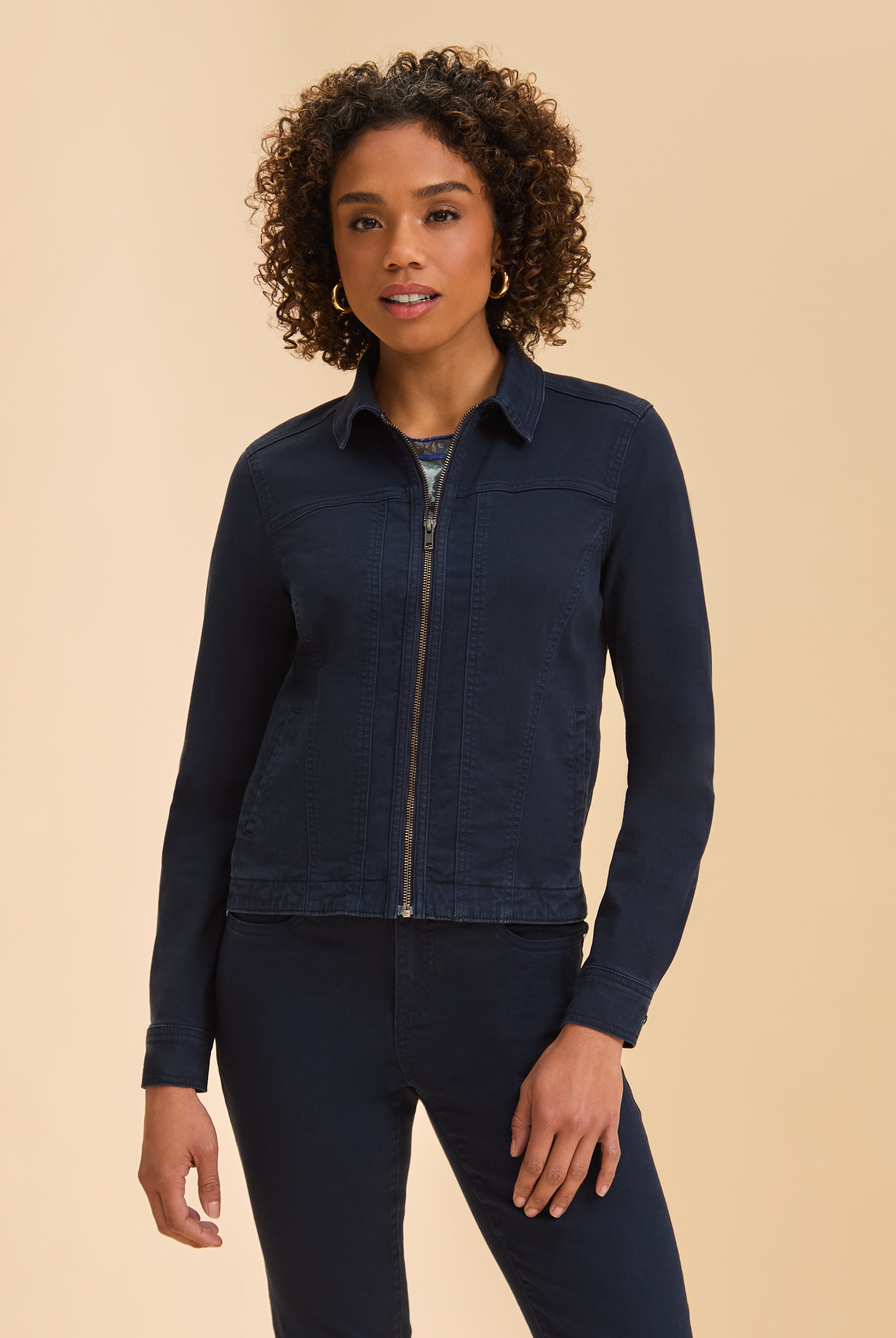 Navy jacket front view showing zip closure and long sleeves by French Dressing Jeans (FDJ)