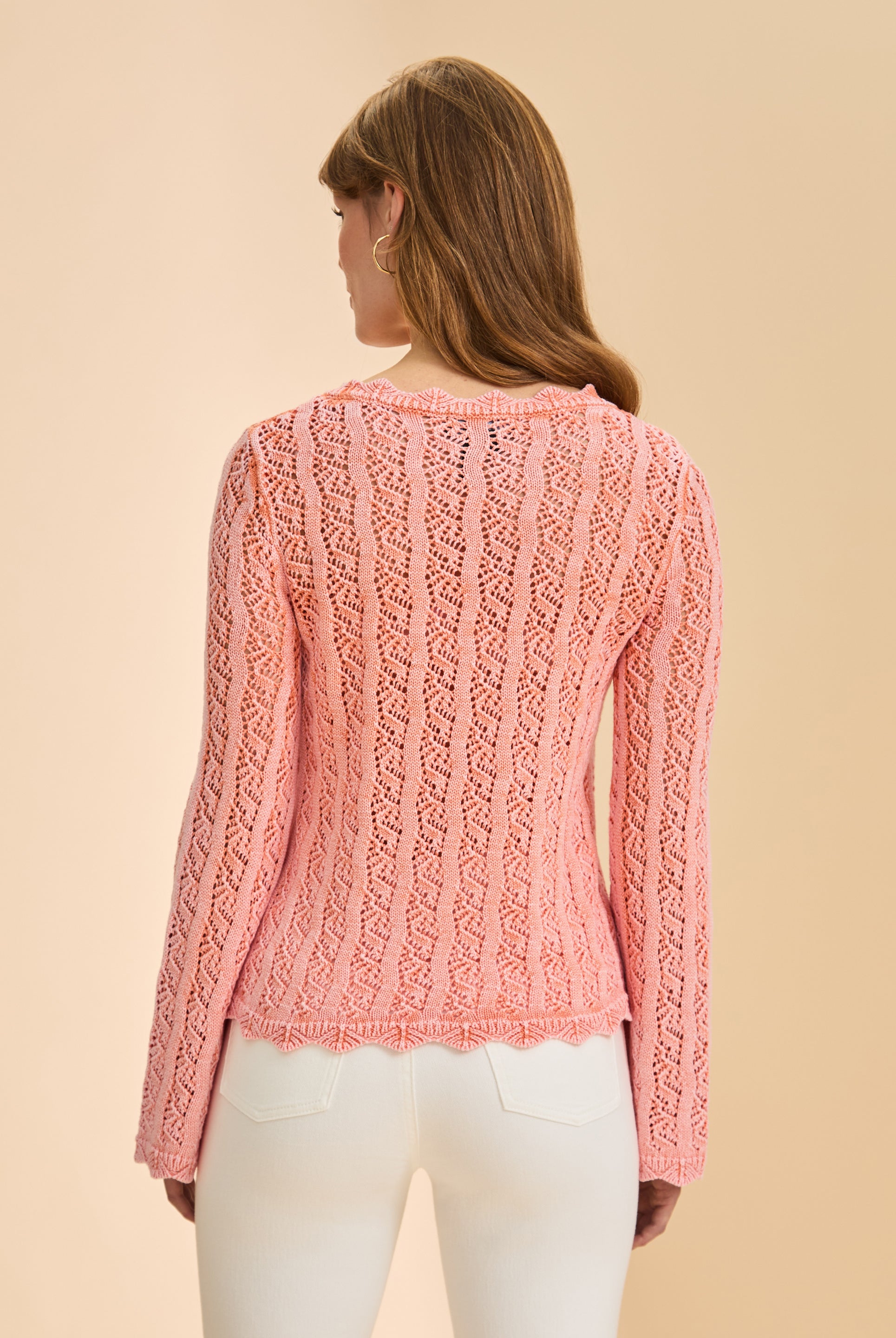 Back view of pink lace sweater highlighting lace details by French Dressing Jeans (FDJ)
