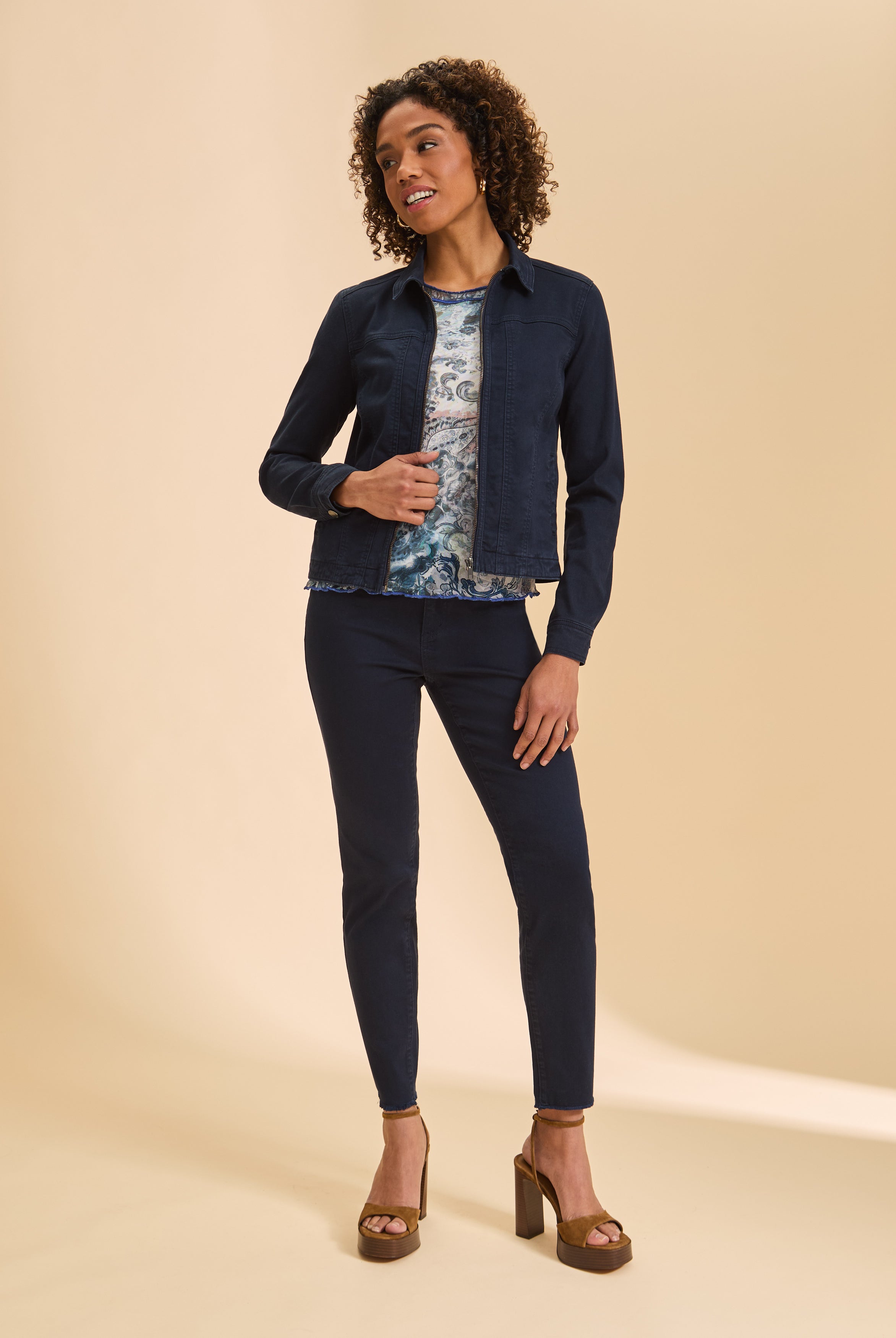 Navy jacket with floral top and pants ensemble by French Dressing Jeans (FDJ)