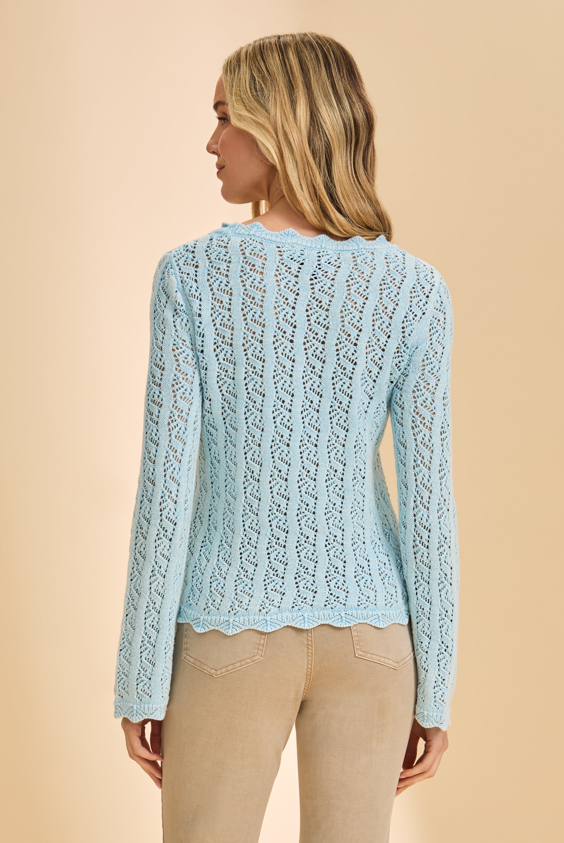 Back view of Pacific Blue sweater showcasing intricate lace detail by French Dressing Jeans (FDJ)