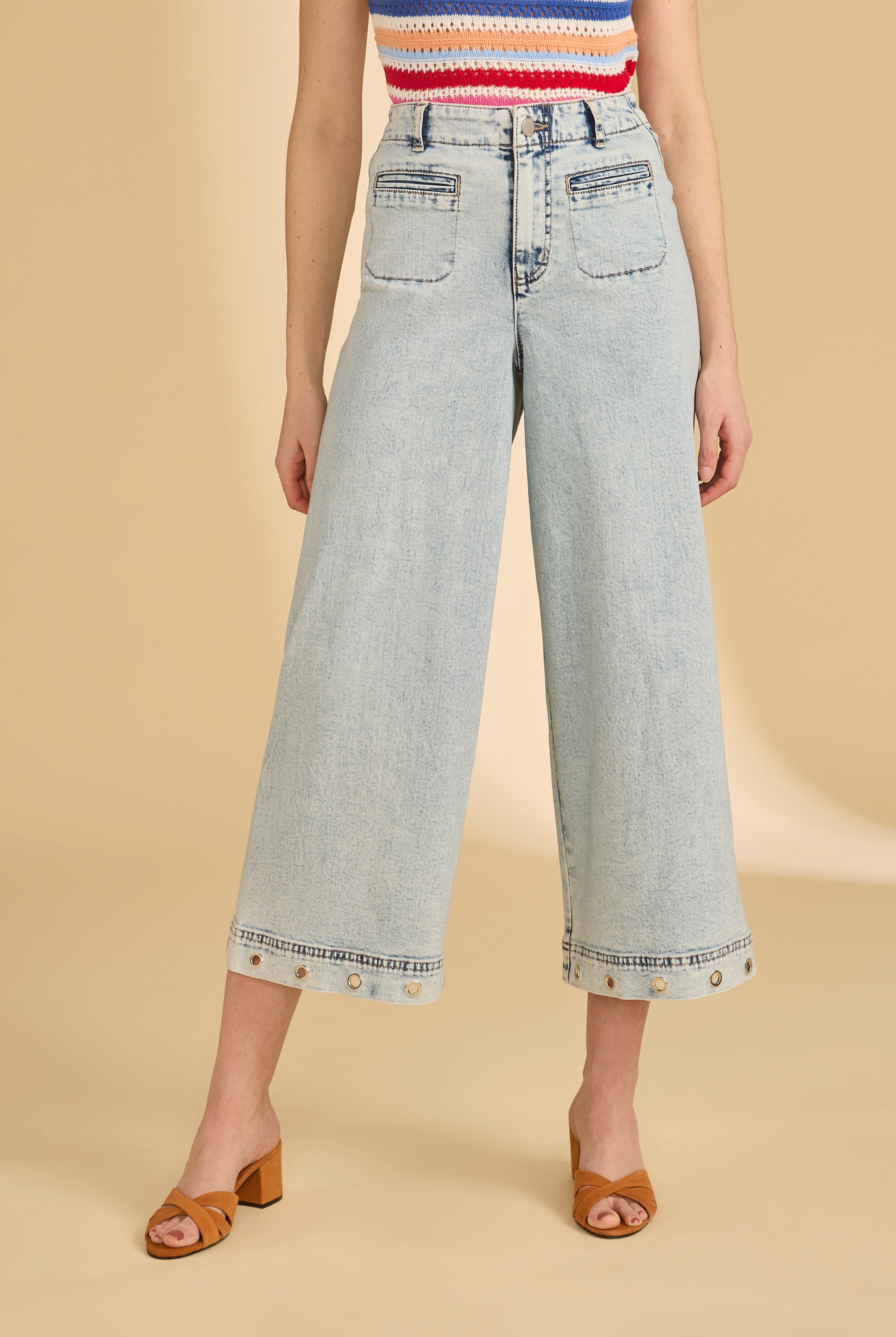 Front view of ocean denim wide crop jeans with button front detail by French Dressing Jeans (FDJ)