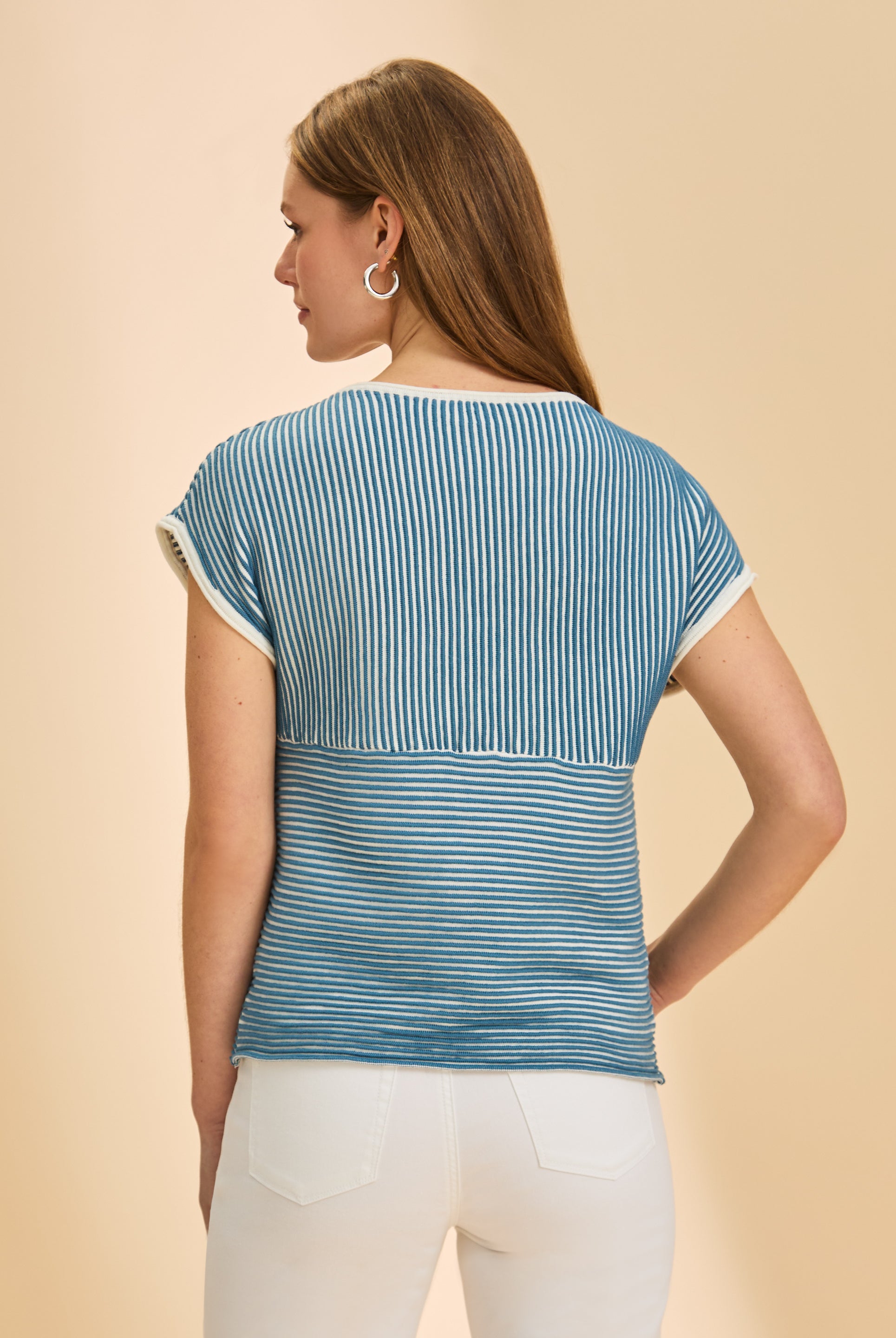 Back view of blue and white stripe sweater with detailed ribbing by French Dressing Jeans (FDJ)