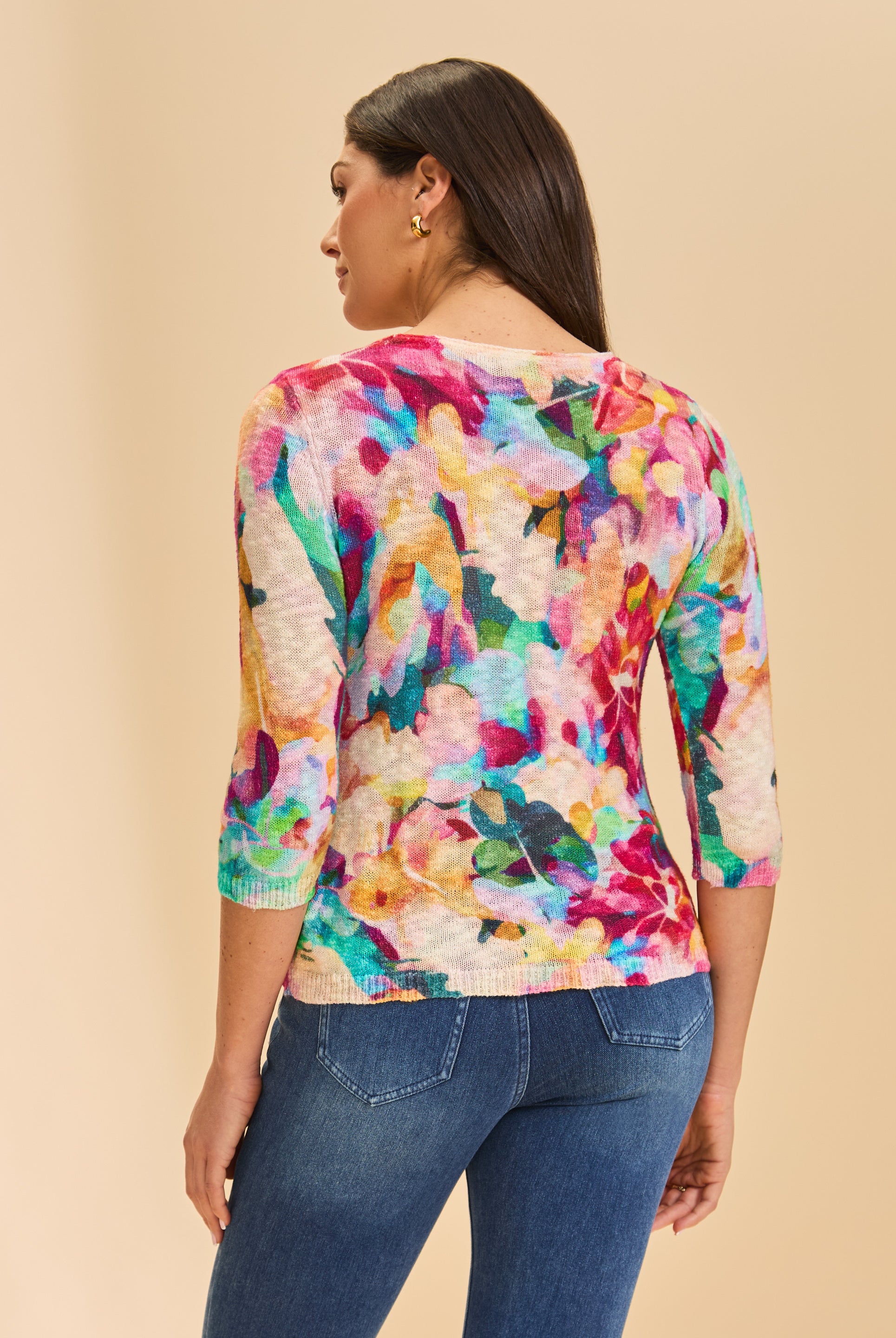 Back view of multicolor floral sweater showing seamless color blend by French Dressing Jeans (FDJ)