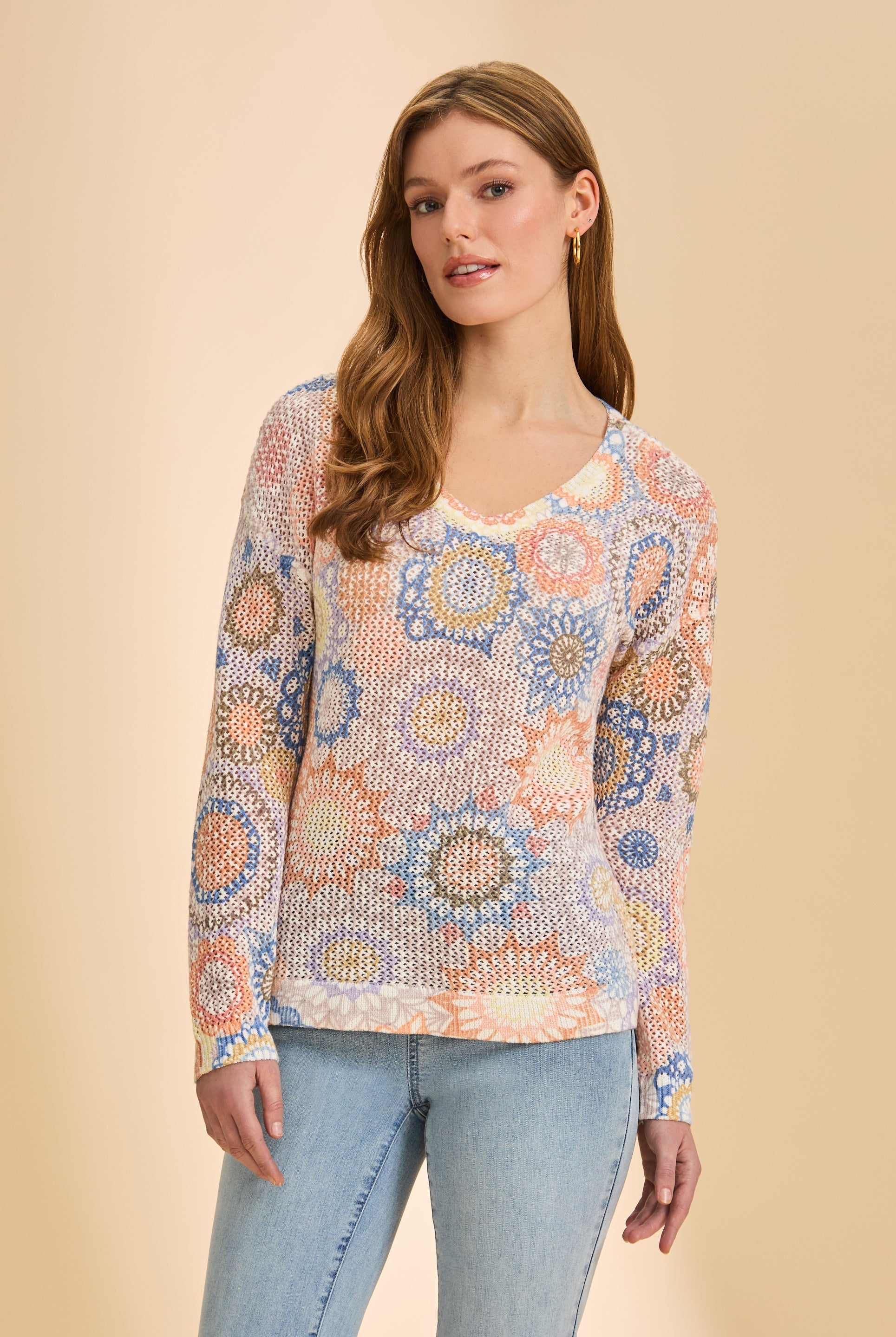 Front view of orange and blue patterned mesh sweater with v-neck by French Dressing Jeans (FDJ)