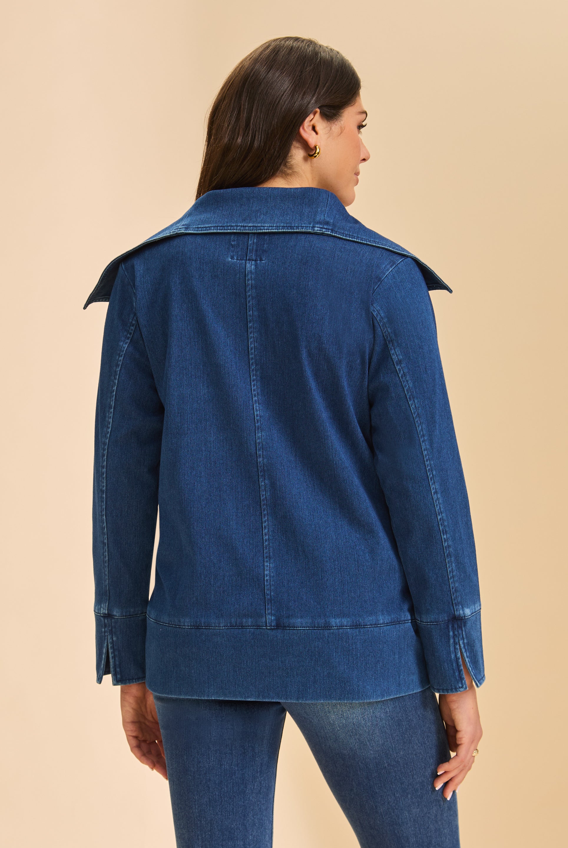 Back view of blue denim jacket showing seam detail and wide collar by French Dressing Jeans (FDJ)