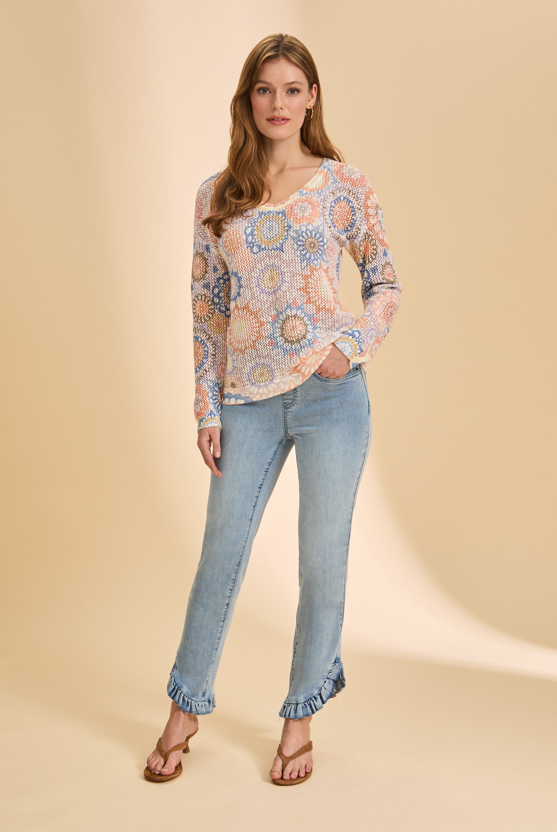 Full view of patterned mesh sweater with light wash jeans by French Dressing Jeans (FDJ)