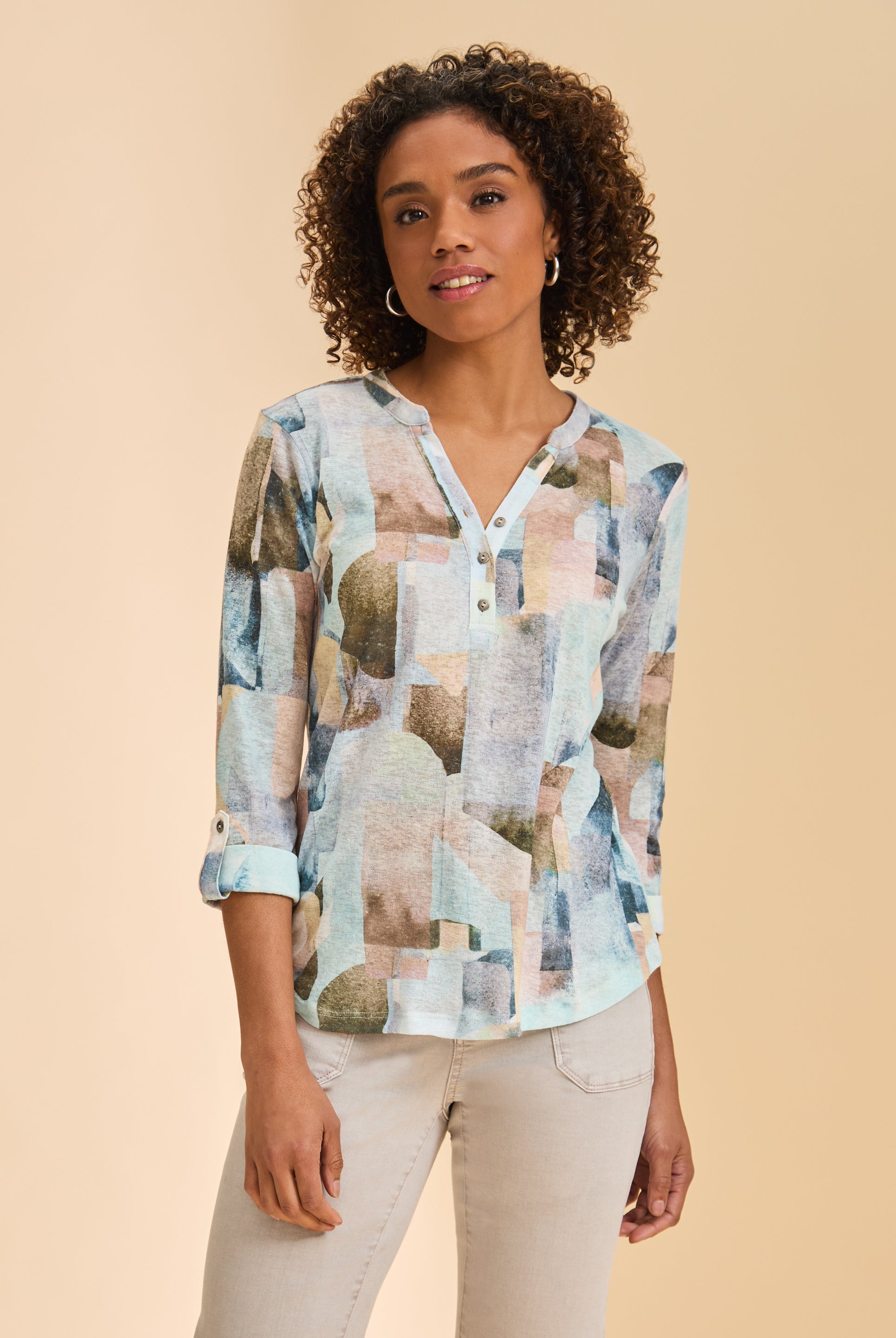 Front view of 3/4 sleeve Henley top in coppertone with button-front V-neck by French Dressing Jeans (FDJ)