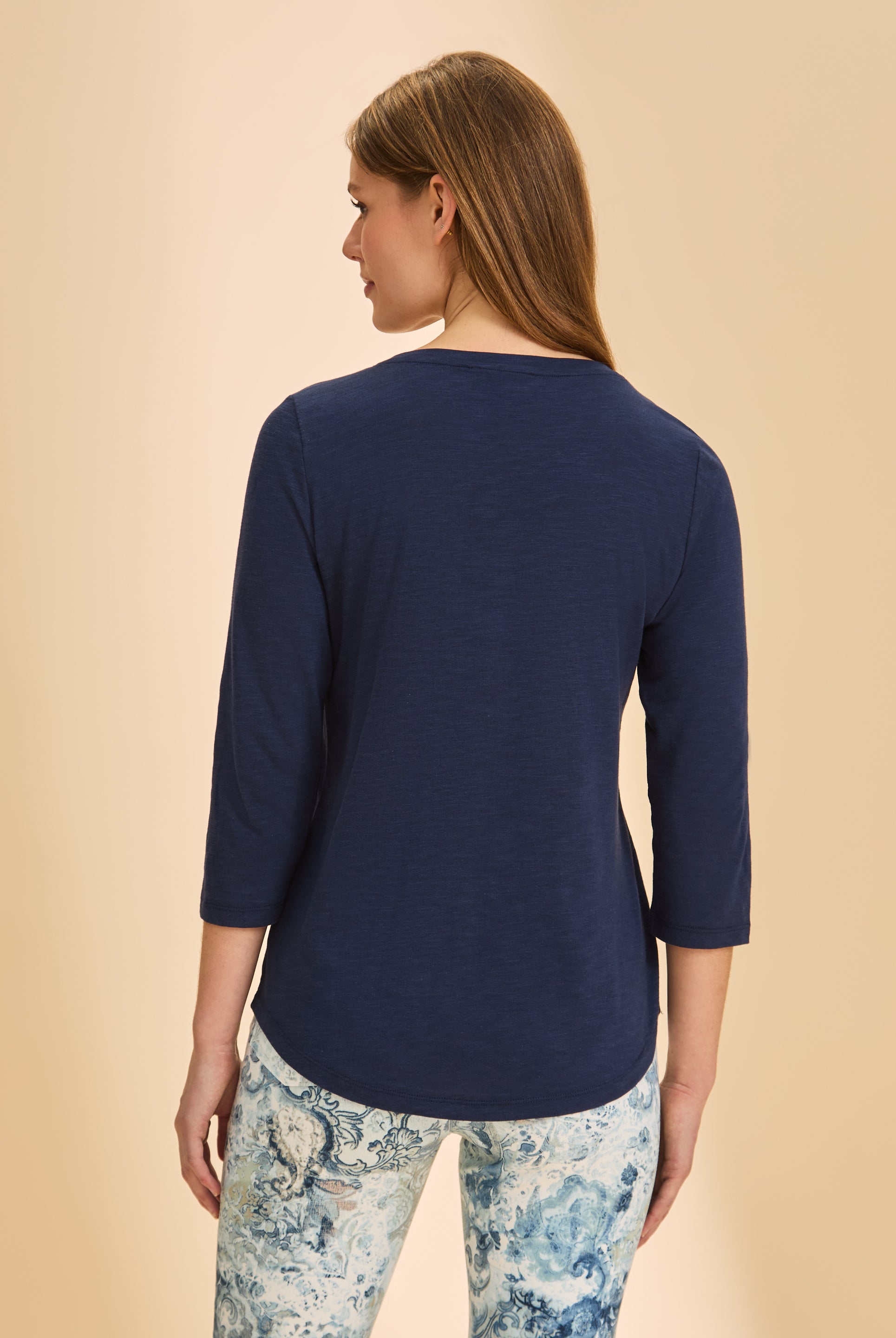 Back view of navy V-neck 3/4 sleeve top highlighting elegant simplicity by French Dressing Jeans (FDJ)