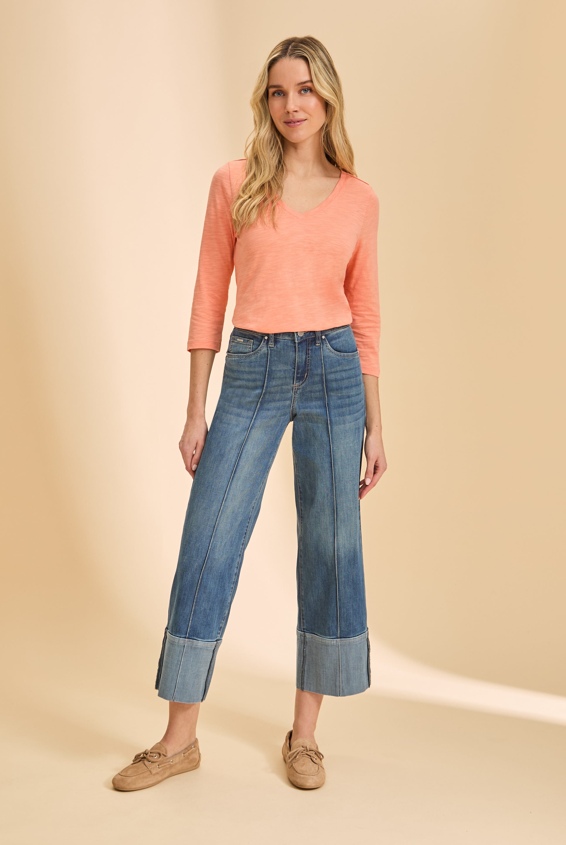 Full outfit with coral V-neck 3/4 sleeve top and wide-leg denim for a chic style by French Dressing Jeans (FDJ)