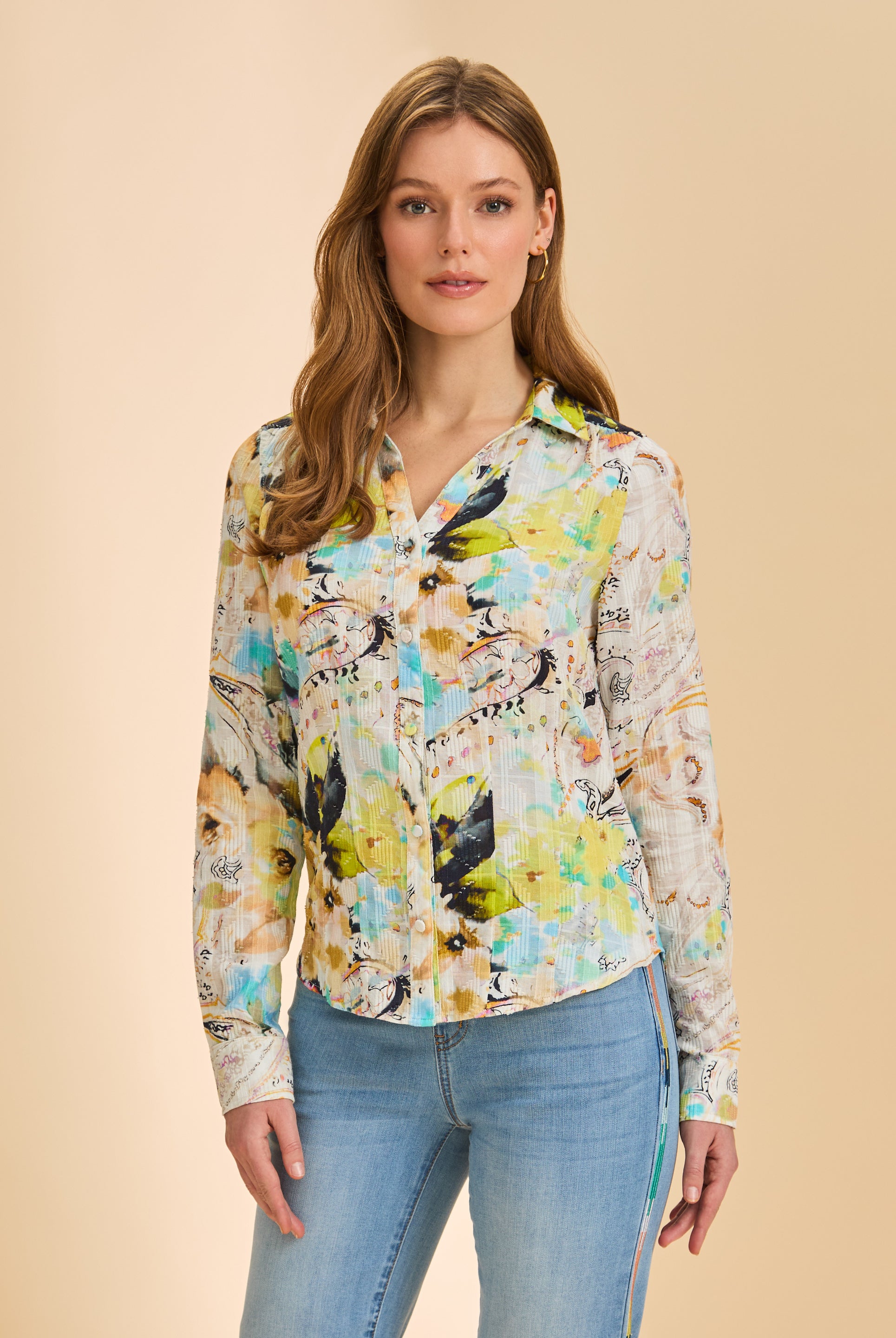 Front view of abstract floral shirt with button front by French Dressing Jeans (FDJ)