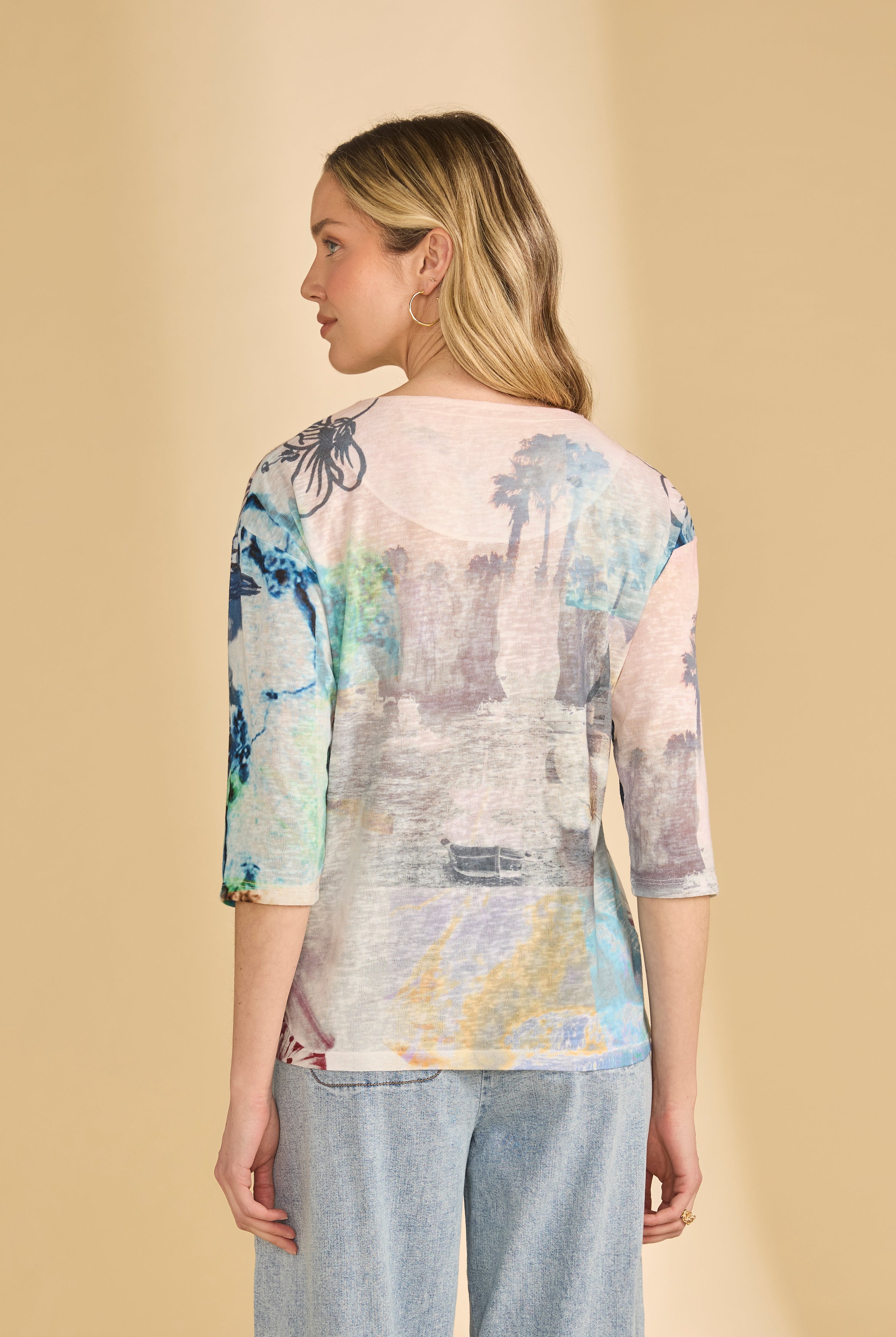 Back view of pastel top highlighting watercolor print and 3/4 sleeves by French Dressing Jeans (FDJ)