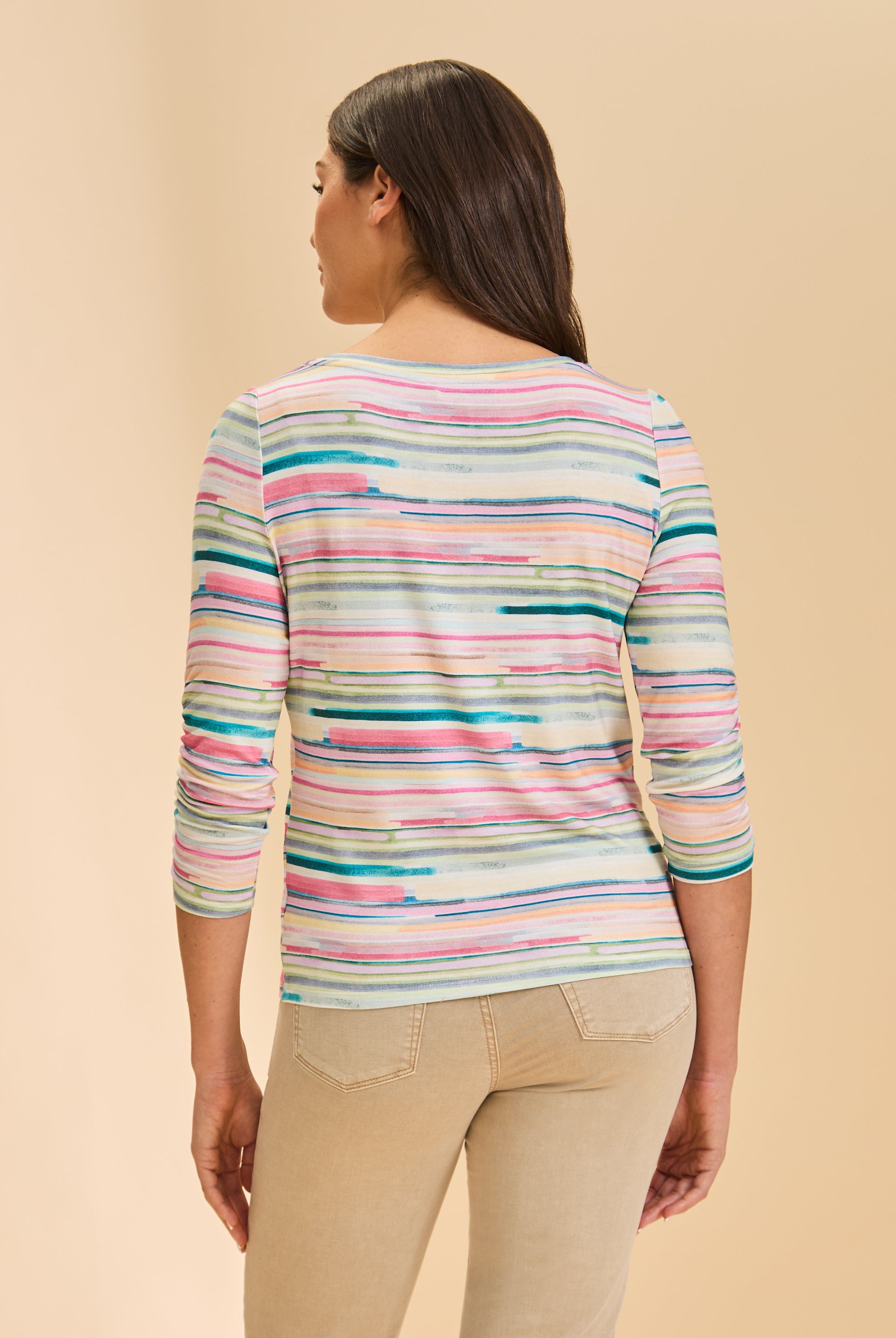 Back view of multicolored striped top showcasing seamless design by French Dressing Jeans (FDJ)